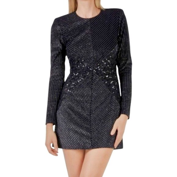 BCBGMAXAZRIA Black Long Sleeve Ciana Sparkle Evening Mini Dress Size 8 NWT - Picture 2 of 15